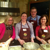Annie Shultz, blogger at www.mamadweeb.com; Jennifer Heim, Kansas dairy farmer; Mary Jo Mason, registered dietitian for the Lawrence Hy-Vee; and Ron Grusenmeyer, Midwest Dairy Association; build a meal together during the Kansas Farm Food Connection “Meet the Makers” event. 