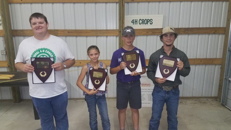 Left to right: Jacob Bell, Wild West District - Hugoton, Maddy Nichepor, Walnut Creek District – Ness City, Ryan Myers, Central Kansas District – Minneapolis, Truman Hooker, Sunflower District – Goodland