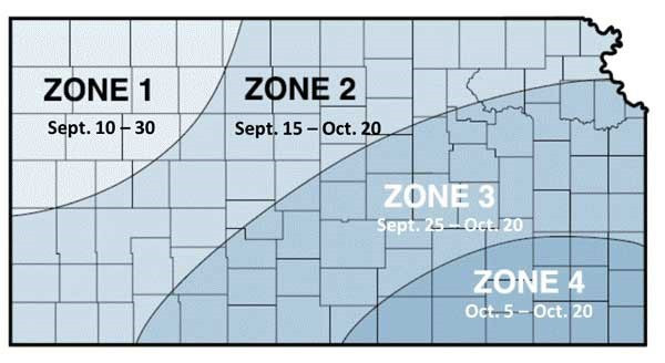 Optimum planting dates for winter wheat according to geographical location within Kansas. Figure adapted from KSRE publication L-818, Kansas Crop Planting Guide.