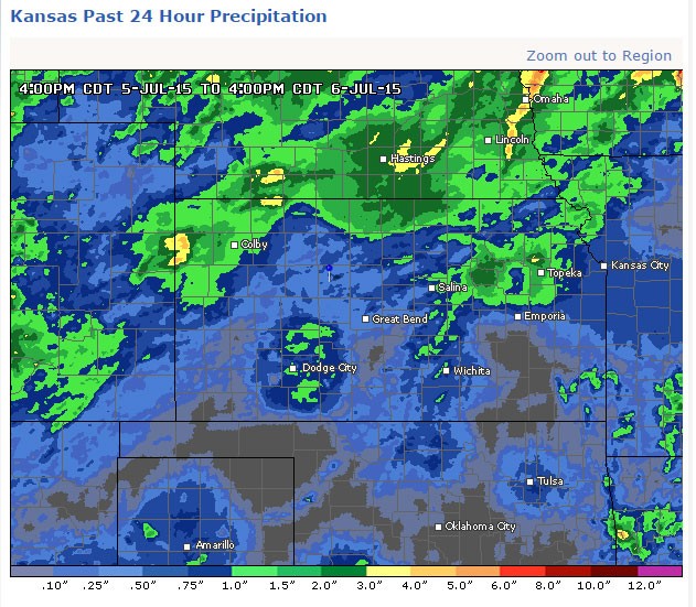 Kansas Past 24 Hour Precipitation at of 4:00 pm